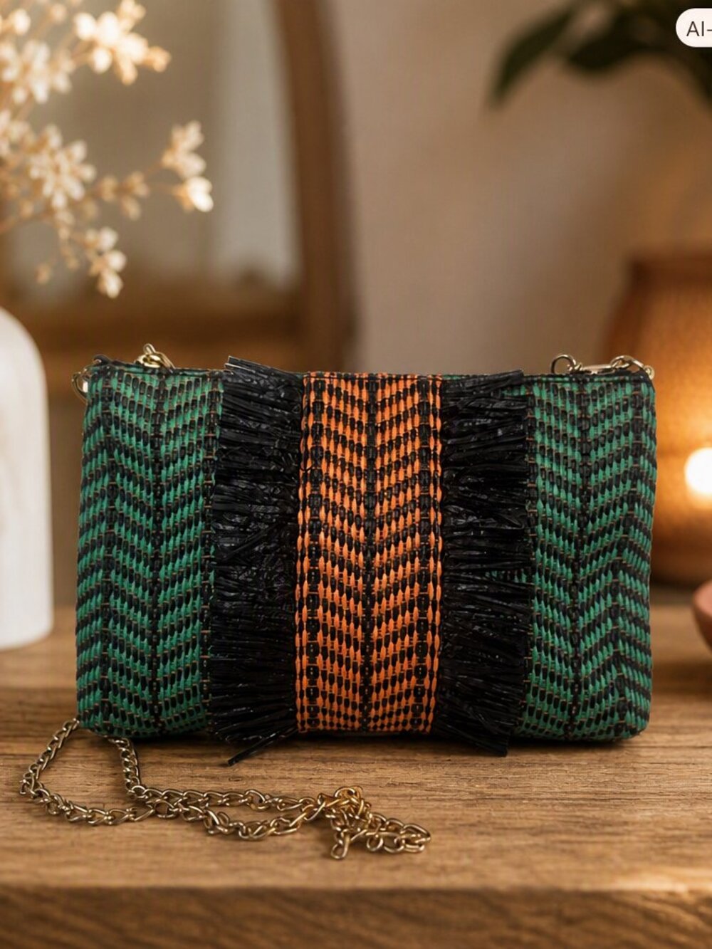 Elaine Turner Teal & Orange Raffia Crossbody Bag